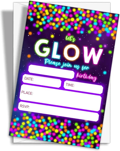 Vista 16 de Invitaciones de fiesta de cumpleaños con neón y brillo, 20 unidades. Invitaciones temáticas de cumpleaños "Let's Glow Crazy" con sobres - HBYQK-B02