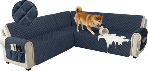 Vista 15 de Fundas impermeables para sofá seccional de esquina en forma de L, de terciopelo, juego de 6 piezas, funda en forma de U para sofá, para perros