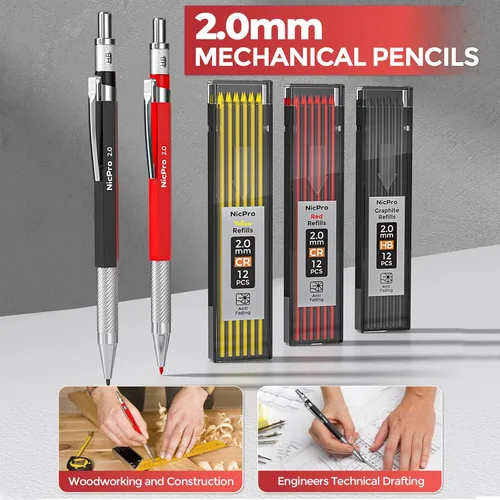 Vista 4 de Nicpro Juego de 24 piezas de lápiz mecánico CP3000 para carpintero con sacapuntas y funda, recambios de plomo, marcador de punta larga, punzón