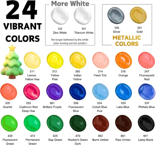 Vista 2 de HUAL Juego de pintura acrílica con 5 pinceles, 24 colores (2.0 fl oz, 2 onzas) para artistas, niños, principiantes y pintores