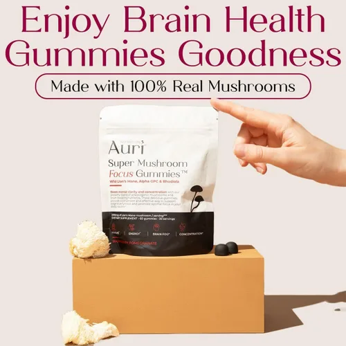Vista 3 de Auri Nutrition Super Mushroom Focus Gummies con melena de león, Alpha GPC y Rhodiola - Suplemento de hongos para apoyar la función cognitiva