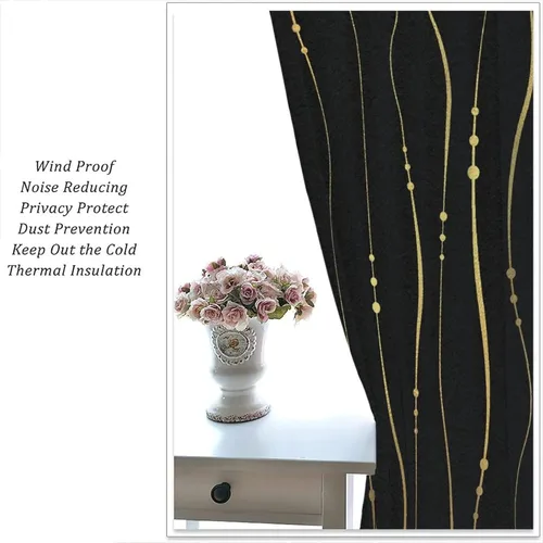 Vista 49 de Cortinas Negras con Dobladillo Dorado, Cortinas Opacas con Bolsillo para Barra con Estampado de Rayas de Foil en Onda Dorada para Decoración de Negro