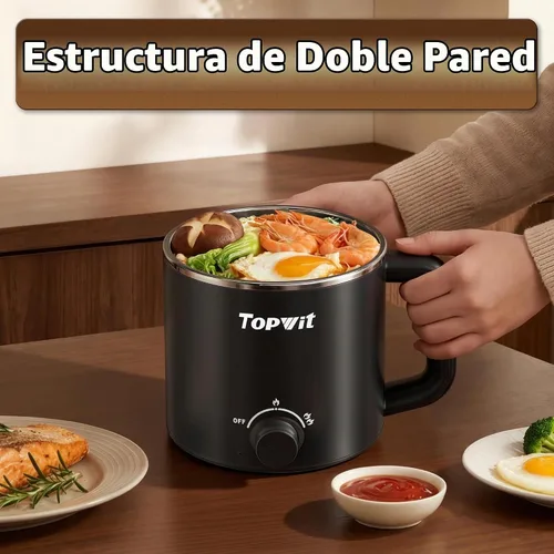 Vista 5 de Topwit Olla eléctrica, olla eléctrica, olla ramen de 1.6 L, olla eléctrica multifuncional para pasta, shabu-shabu, avena, sopa y huevo con Negro