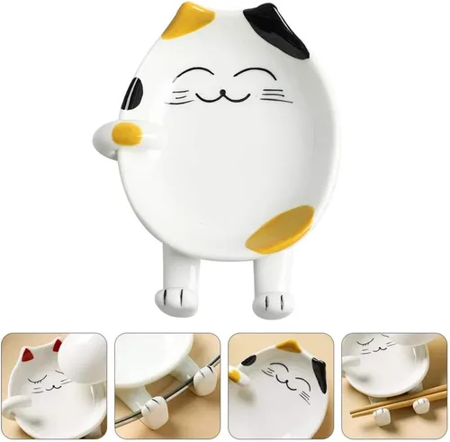 Vista 4 de Soporte de cuchara de cerámica multifuncional para cocina, con forma de gato, soporte para utensilios de cocina, soporte para tapa de olla, soporte