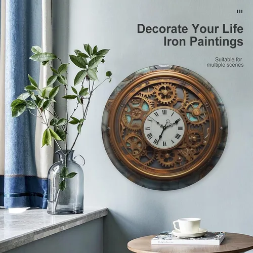 Vista 5 de Arte circular de metal para colgar en la pared de hierro, reloj steampunk oxidado, letrero de estaño industrial vintage con agujeros preperforados