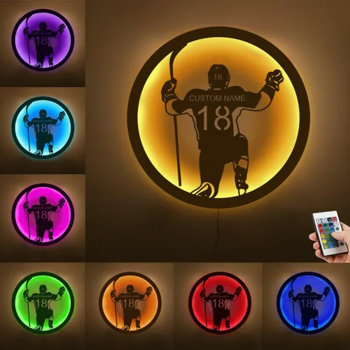 Vista 14 de Letrero de metal personalizado para jugador de hockey con luz LED, nombre personalizado y número, arte de pared de hockey, letrero de neón