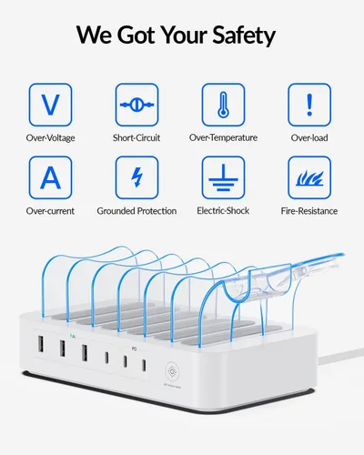 Vista 7 de SooPii Estación de carga de 60 W para múltiples dispositivos, base de carga USB C de 6 puertos con 3 salidas de CA, 3 USB C, 3USB A, cable