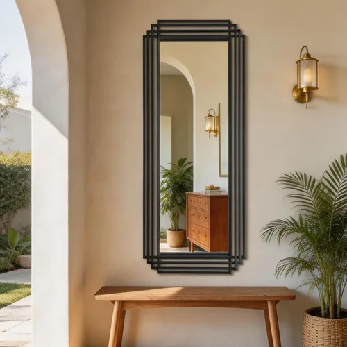 Vista 16 de Espejo de pared rectangular decorativo de 24 x 18 pulgadas con marco de metal negro Geometric Design, HD Mirror, Horizontal/Vertical Hanging, Art