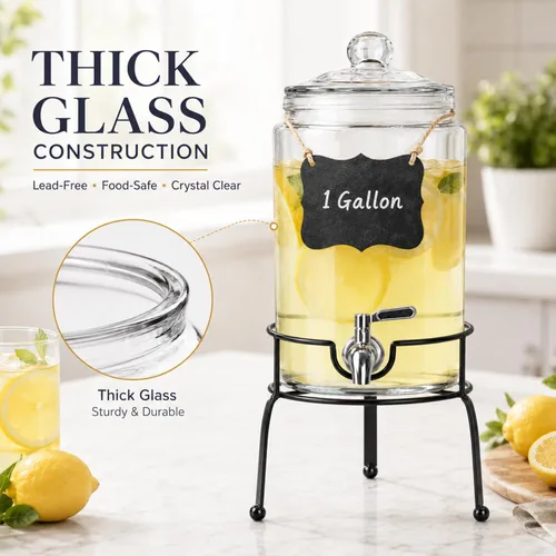 Vista 4 de Dispensador de bebidas de 1 galón, 1 paquete, dispensador de bebidas de espita de acero inoxidable para fiestas con soporte, recipiente de vidrio