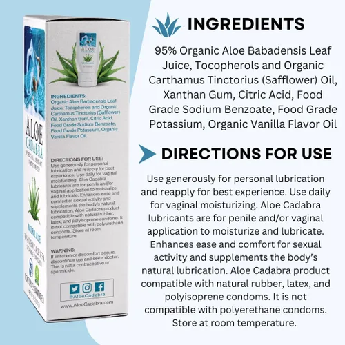 Vista 3 de Aloe Cadabra Lubricante personal natural a base de agua, lubricante de aloe orgánico certificado NSF para hombres, mujeres y parejas, pH equilibrado