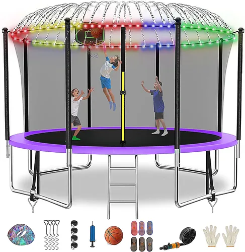 Vista 2 de Tranpolina de 12 pies, 14 pies y 16 pies, para adultos y niños, tranpolina al aire libre de 1500 libras con luz, rociador, calcetines, tranpolina