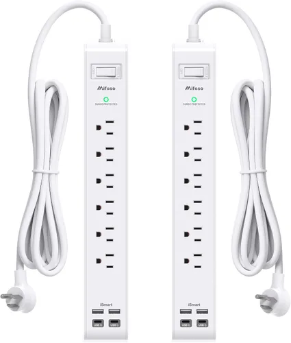Vista 9 de Paquete de 2 regletas protectoras contra sobretensiones, 6 tomas, 4 puertos USB (2 USB C) cables de extensión de 5 pies de largo, tira de salida