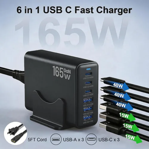 Vista 2 de Estación de carga de 165 W, cargador de escritorio de 6 puertos, 3 puertos 40 W, color negro Multi-Device Charger, 3 PD USB C 40W and 3 15W USB A