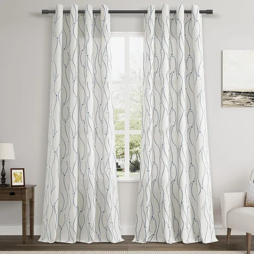 Vista 11 de Joywell Cortinas jacquard con ojales para sala de estar, 108 pulgadas de largo, línea ondulada negra con patrón de puntos, cortinas bordadas