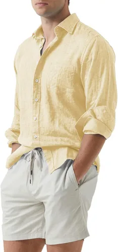 Vista 2 de JMIERR Camisa de vestir de manga larga con botones y lino de algodón para hombre