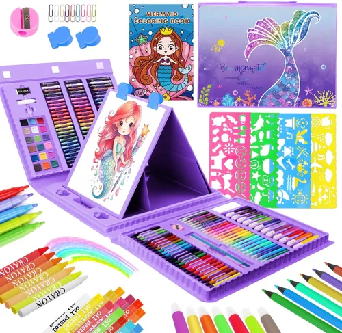 Vista 10 de homicozy Suministros de arte para niños de 4 a 12 años, estuche de arte con juegos de dibujo de dinosaurios, kits de colorear con caballete triple