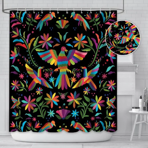 Vista 2 de MEHOFOND Cortina de ducha estilo otomí de 72 x 72 pulgadas para baño, estilo mexicano, tradicional, mexicano, pájaro azul, rojo y negro, tela