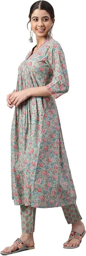 Vista 4 de Janasya Kurta con estampado floral de algodón verde mar para mujer india con pantalón