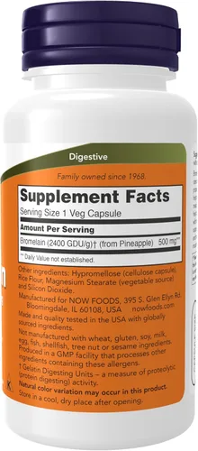 Vista 2 de NOW Foods Suplementos, Bromelina (enzima proteolítica natural) 2,400 GDU/g - 500 mg, enzima proteolítica natural*, 60 cápsulas vegetales