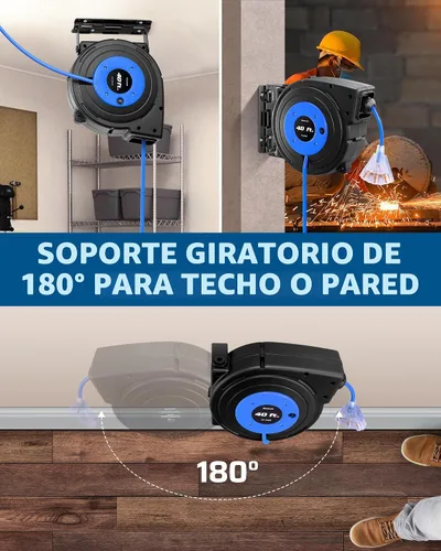 Vista 5 de DEWENWILS Carrete de Cable de Servicio Pesado, Cable de Extensión de Alimentación Retráctil de 40 Pies, 12AWG/3C SJTOW, 3 Tomas Triples Iluminadas