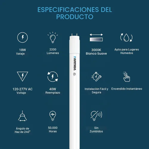 Vista 2 de Tubo de luz LED T8, 4 pies, 18 W, cubierta esmerilada, tipo A+B, Plug and Play