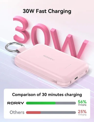 Vista 3 de RORRY CharmGo - Cargador portátil, 10000 mAh PD 30 W, cargador portátil de carga rápida con cables integrados, llavero de viaje para iPhone Negro