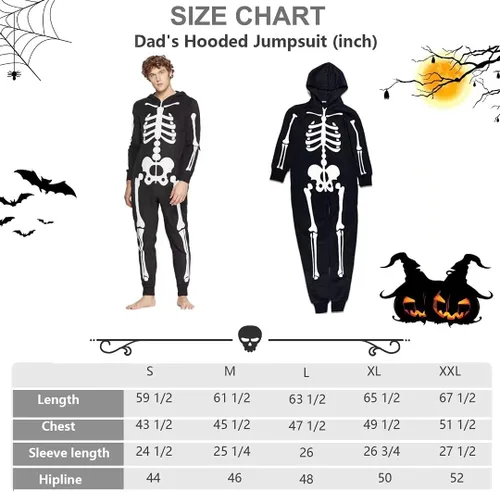 Vista 7 de Disfraces familiares a juego que brillan en la oscuridad para Halloween mono de una pieza con capucha y diseño de esqueleto para adultos y niños