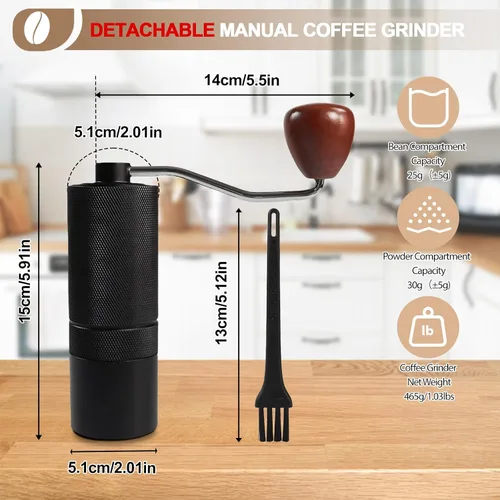 Vista 2 de Molinillo de café manual desmontable con rebabas cónicas de acero inoxidable de 25 niveles, molinillo portátil de grano de café de aluminio