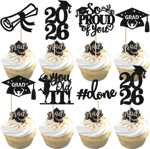 Vista 66 de Paquete de 24 adornos para cupcakes de clase de 2026 con purpurina 2026 para diploma de graduación 2026, selecciones para cupcakes para graduación