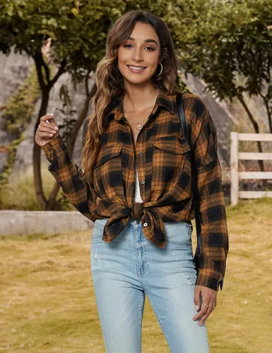 Vista 3 de Blooming Jelly Camisas de franela con botones para mujer, de manga larga, con cuello de solapas, blusa para negocios o uso informal, para trabajo