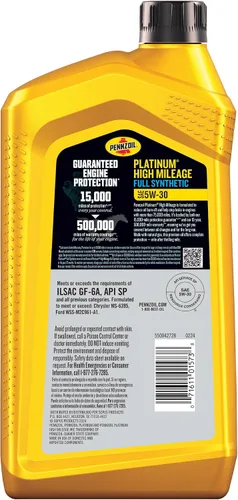 Vista 2 de Aceite de motor Pennzoil Platinum High Mileage Full Synthetic 5W-30, 1 cuarto de galón (paquete de 6)