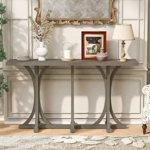 Vista 11 de Mesa de consola de madera de 152 cm con tapa de chapa de roble y patas curvadas delgadas de madera de goma, elegante mesa de sofá para sala