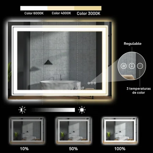 Vista 3 de Snowdool - Espejo de baño LED, de 24 x 36 pulgadas, con luz delantera y trasera, antiempañamiento, espejo de tocador de baño para pared, con función