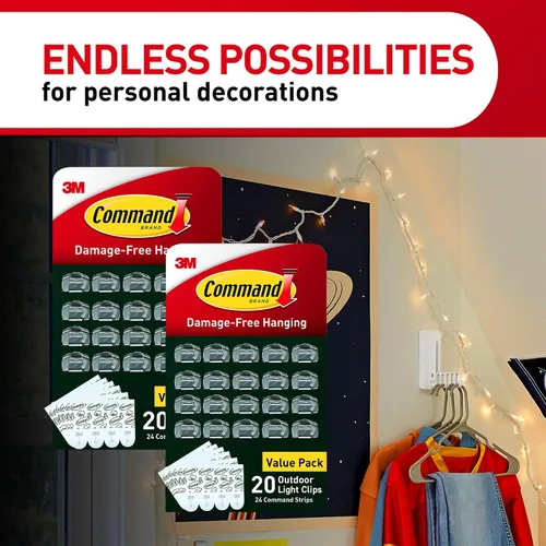 Vista 8 de Command - Clips para luces de exterior, 40 transparentes y 48 tiras, suspensión sin daños con tiras resistentes al clima, clips de pared para colgar