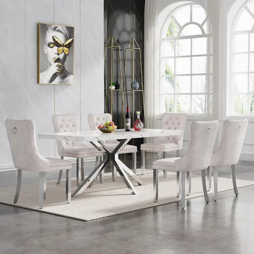 Vista 11 de HomVent Juego de mesa de comedor rectangular para 4, juego de mesa de cocina rectangular, juego de mesa de comedor de mármol sintético, juego