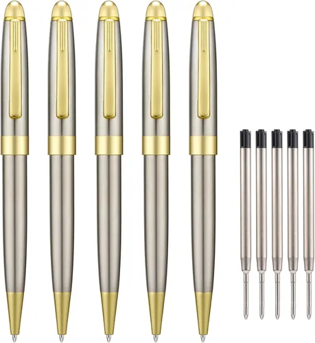 Vista 8 de Wikult Juego de 5 bolígrafos dorados con repuestos adicionales, tinta negra de punta media de 0.039 in, gran bolígrafo de metal de escritura suave