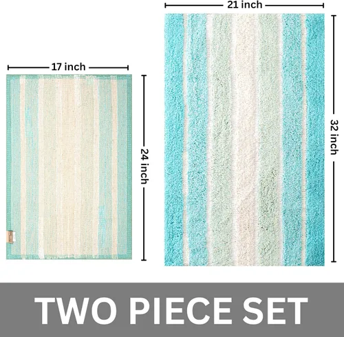 Vista 2 de Ramanta Home Juego de 2 alfombras de baño de algodón a rayas alpinas – Alfombra de baño 100% algodón – 21 x 32 / 17 x 24 – Suave absorbente lavable