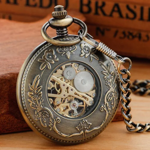 Vista 5 de Bronze Retro Mechanical Pocket Watch Skeleton Roman Numerals Hollow Mechanical Pocket Watches with Box M100