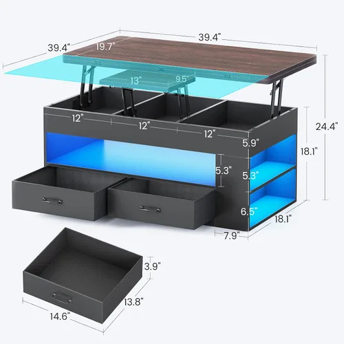Vista 3 de Itaar - Mesa auxiliar con tapa elevable, mesa de centro 4 en 1 con almacenamiento y compartimento oculto, mesa de centro de estilo granja con 2
