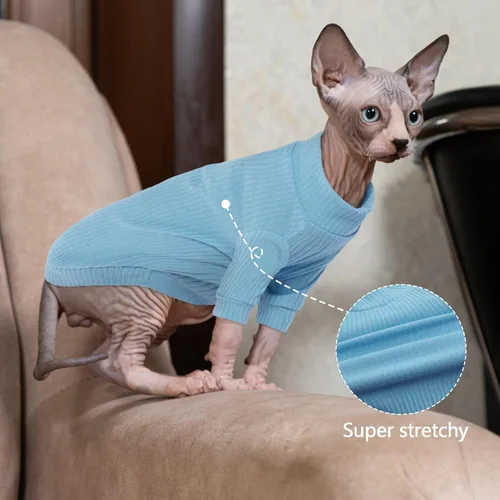 Vista 3 de PUMYPOREITY Ropa para Gatos: Camisa Elástica, Suéter con Mangas, Pijama de Forro Polar Suave para Gatos Sphynx, Devon Rex - Azul, XS