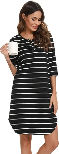 Vista 3 de Vlazom - Camisón de mujer de algodón suave a rayas, manga corta, con bolsillos, ropa de dormir S-XXL
