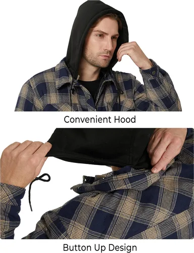 Vista 6 de WenVen chaqueta a cuadros de franela para hombre con capucha extraíble, acolchada