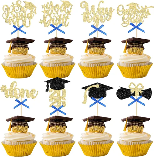 Vista 24 de Gyufise 1 paquete de decoración de pastel de graduación 2025 con purpurina de felicitaciones clase de 2025, decoración de pastel de diploma 2025