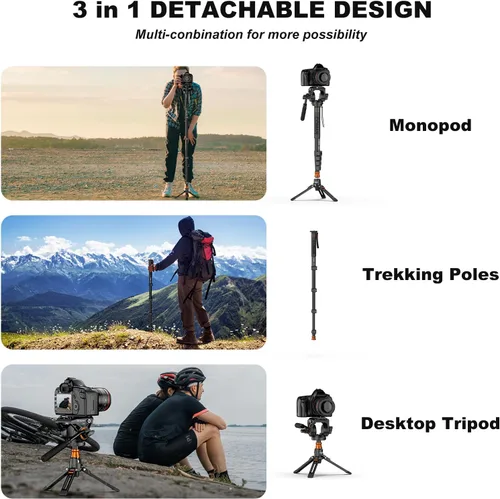 Vista 14 de Monopod de cámara profesional con pies, monopie de video de viaje portátil de aluminio de 73.2 pulgadas con base de trípode extraíble, carga máxima