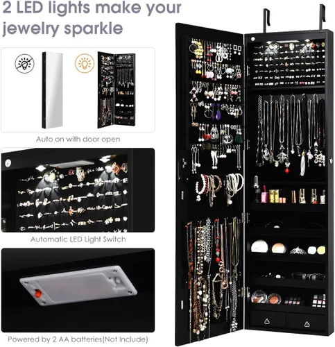 Vista 4 de Giantex Armario de joyería para puerta de pared con espejo de longitud completa 2 LED con cerradura grande organizador de joyas con espejo ancho
