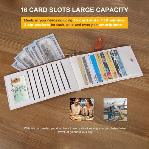 Vista 4 de Travelambo Billeteras de cuero para mujer, delgada, con bloqueo RFID, billetera plegable para tarjetas de crédito, Marrón beige