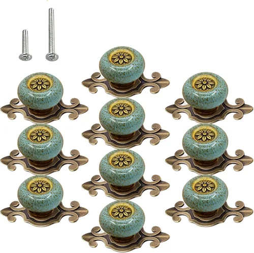 Vista 8 de HUAMULAN Paquete de 10 Pomos de Cerámica Retro, Tiradores Vintage para Cómoda Cocina con Pétalos para Gabinete, Base de Aleación de Zinc, Placa