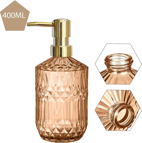 Vista 3 de Dispensador de jabón de vidrio con bomba dorada de 14 onzas, diseño de diamante ámbar, botella líquida recargable para encimera, dispensador
