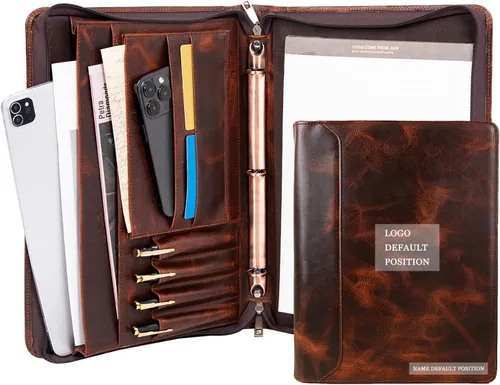 Vista 15 de Portafolio Personalizado de Cuero con Nombre Grabado, Organizador de Negocios Profesional con Cremallera para Hombres, Carpeta de Anillas