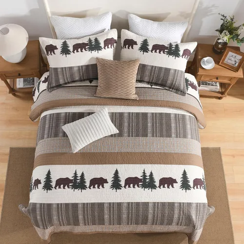 Vista 8 de SahSahCasa Juego de edredón de 100 % algodón, tamaño Queen, reversible, rústico, cabaña, edredón ligero para cama Queen, 3 piezas, beige/verde